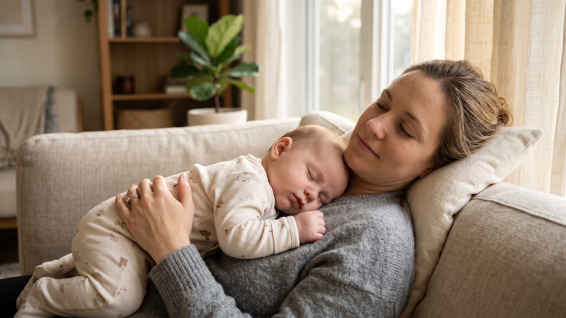 Newborn sleeping peacefully on mother's chest on a beige sofa in warm afternoon light — contact napping