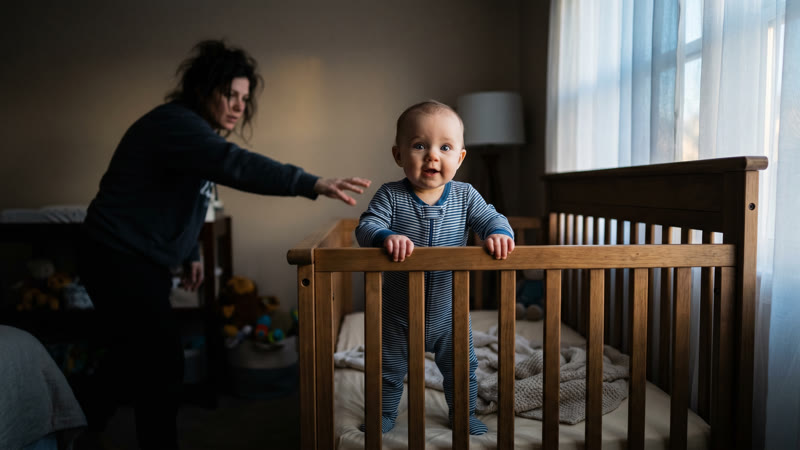 Baby standing in crib at 5am with soft blue dawn light, tired parent reaching in from behind — early morning waking
