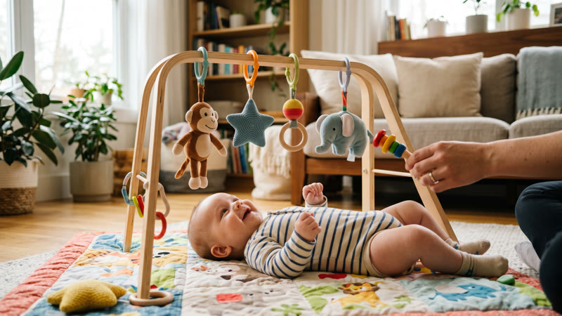 Alert baby lying on a play mat under a wooden activity gym in a bright living room — baby wake windows by age