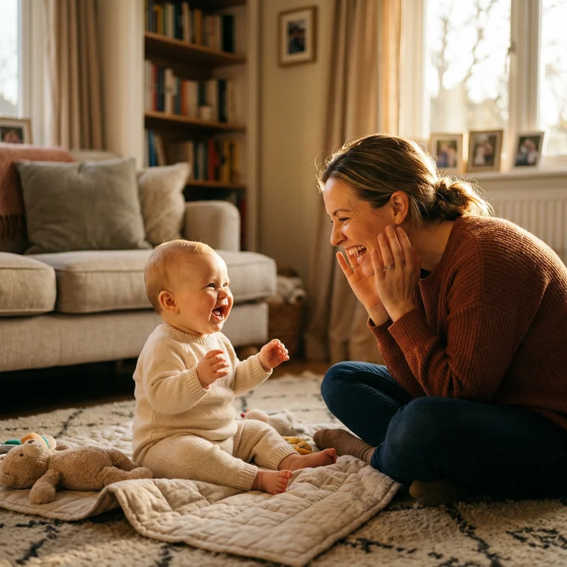 A parent and baby smiling together during supervised play